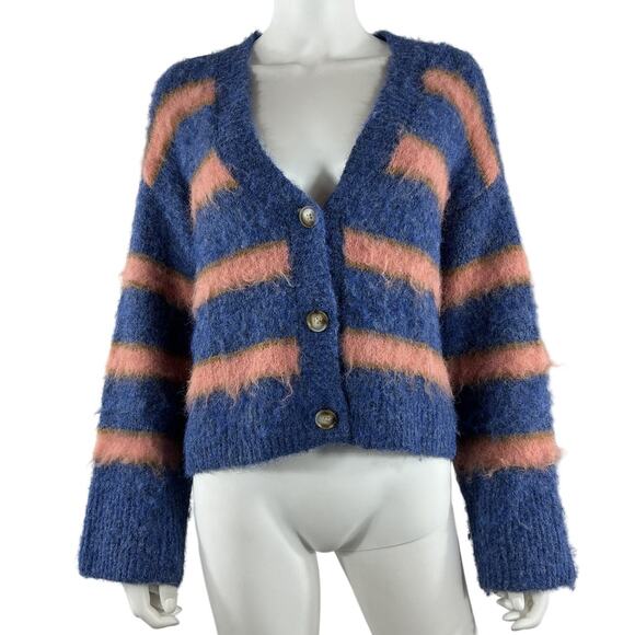 L Space Fuzzy Blue And Pink Montauk Stripe Cardigan Sweater Size S - Picture 2 of 4